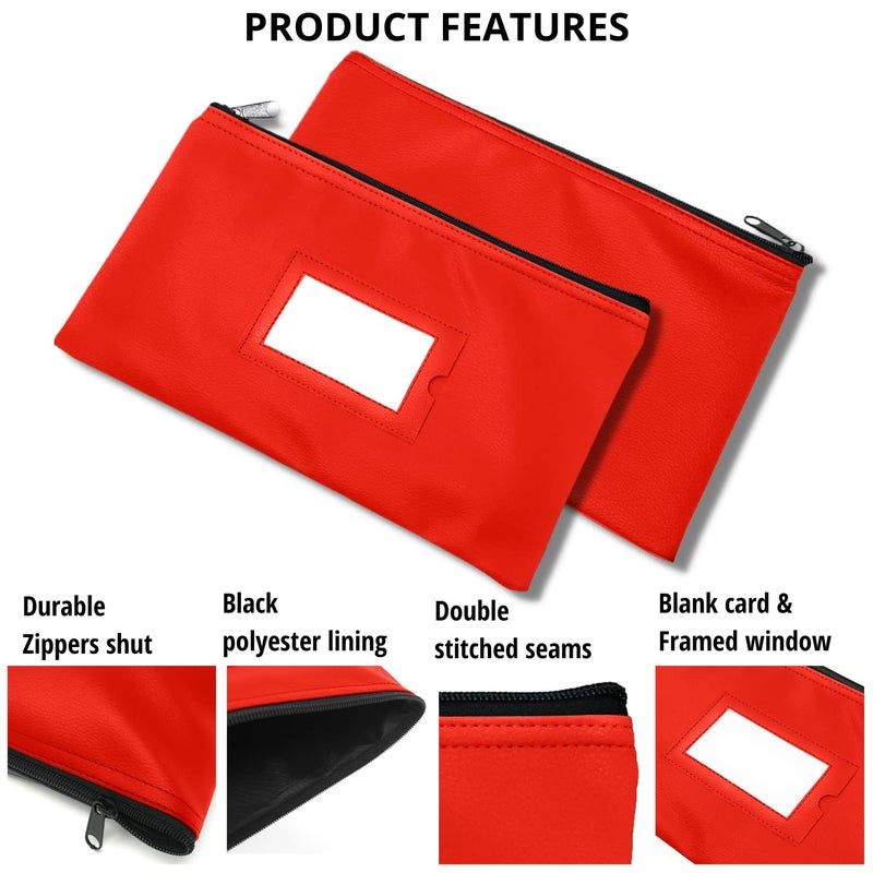 GIDABRAND Money Bank Deposit Bag with Zipper | 11x6 inch | Red | Durable Leatherette Money Cash Coin Check Wallet Pouch for Men & Women with Framed ID Window and Blank Card (1) - Image 3